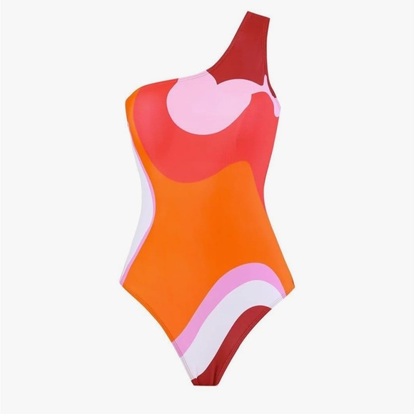 Other - One-Shoulder Colorblock Women's One-Piece Swimsuit - Orange & Pink
